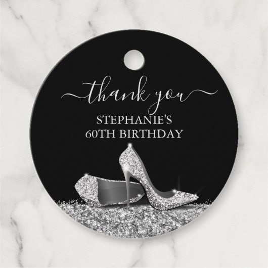 High Hiel Shoe Birthday Dank u Silver Black Bedankjes Labels (Voorkant)