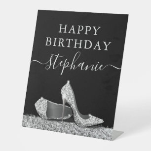 High Hiel Shoe Black en Silver Glitter Birthday Reclamebord Met Voetstuk