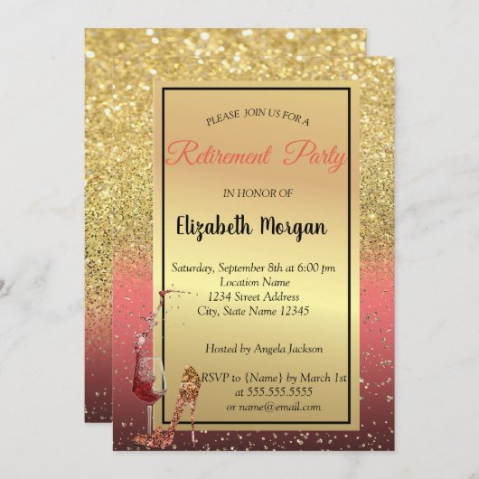 High-Hiel, Wine Glass, Rood, Glitter Retirement Pa Kaart (Voorkant / Achterkant)