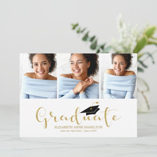 High School 3 Photo Gold Glitter Calligrafie Afstu Aankondiging (Staand voorkant)