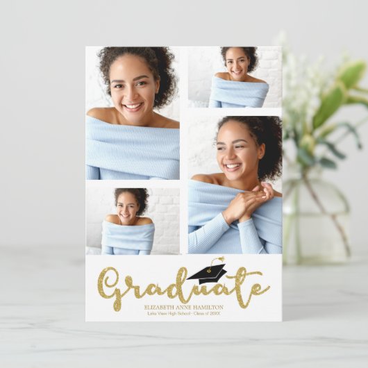 High School 4 Photo Gold Glitter Afstudeerder Aank Aankondiging (Staand voorkant)
