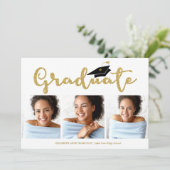 High School Afstudeerder 3 Foto Gouden Glitter Kal Aankondiging (Staand voorkant)