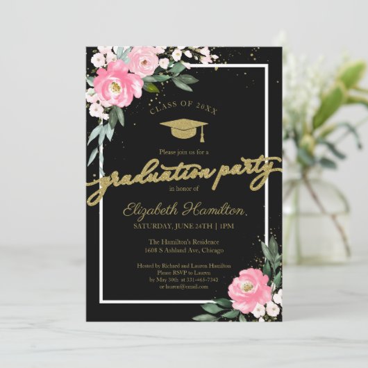 High School Afstudeerder Party Hot Pink Bloemen Zw Kaart (Staand voorkant)