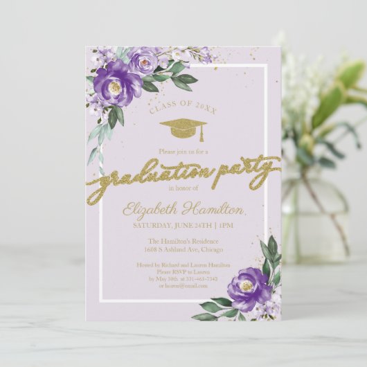 High School Afstudeerder Party Paarse Bloemen Kaart (Staand voorkant)