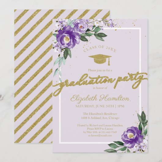 High School Afstudeerder Party Paarse Bloemen Kaart (Voorkant / Achterkant)