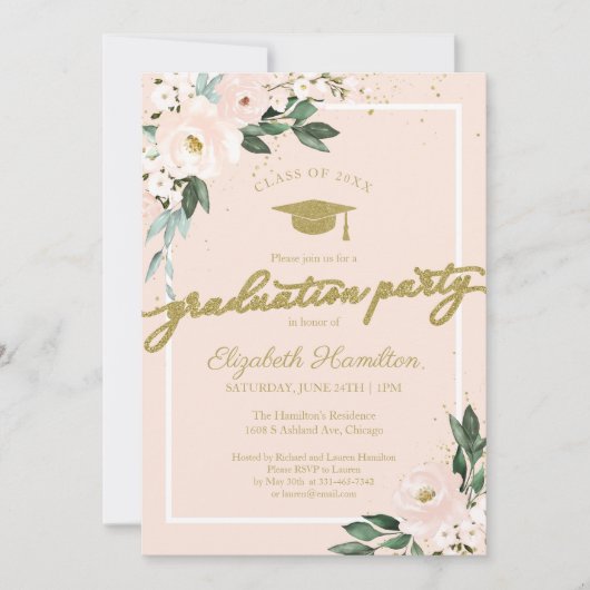 High School Afstudeerder Party Pink Blush Bloemen Kaart (Voorkant)