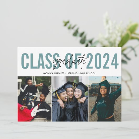 High School Afstuderen 3 Foto Blauwgroen Aankondiging (Staand voorkant)