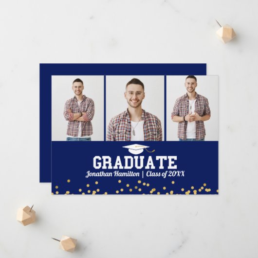 High School Afstuderen Aankondiging 3 Fotokaart (Voorkant / Achterkant in situ)