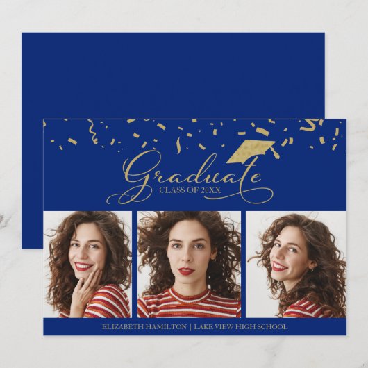 High School Afstuderen Aankondiging 3 Fotokaarten (Voorkant / Achterkant)