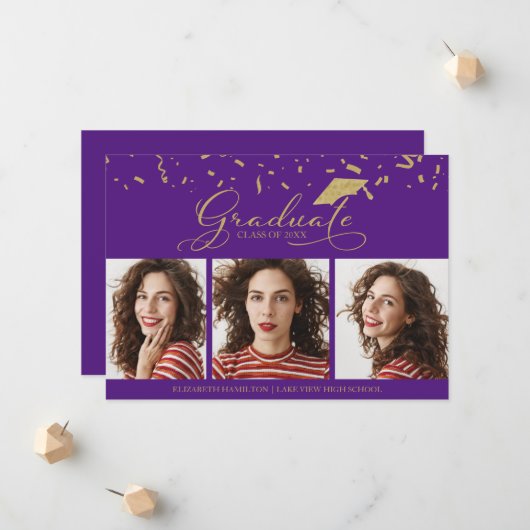 High School Afstuderen Aankondiging 3 Fotokaarten (Voorkant / Achterkant in situ)