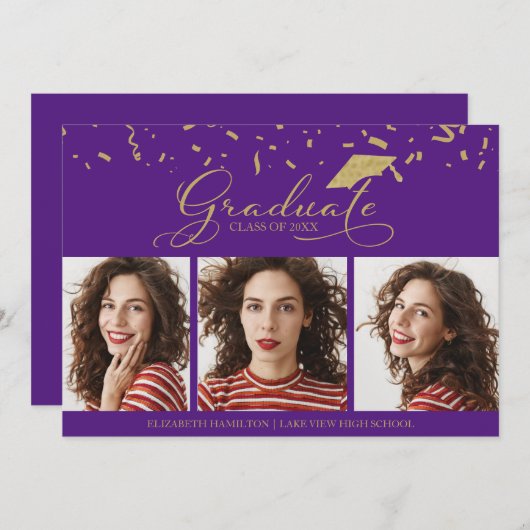 High School Afstuderen Aankondiging 3 Fotokaarten (Voorkant / Achterkant)