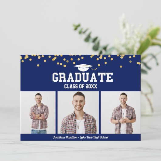 High School Afstuderen Aankondiging 3 Fotokaarten (Staand voorkant)