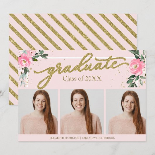 High School Afstuderen Aankondiging 3 Fotokaarten (Voorkant / Achterkant)