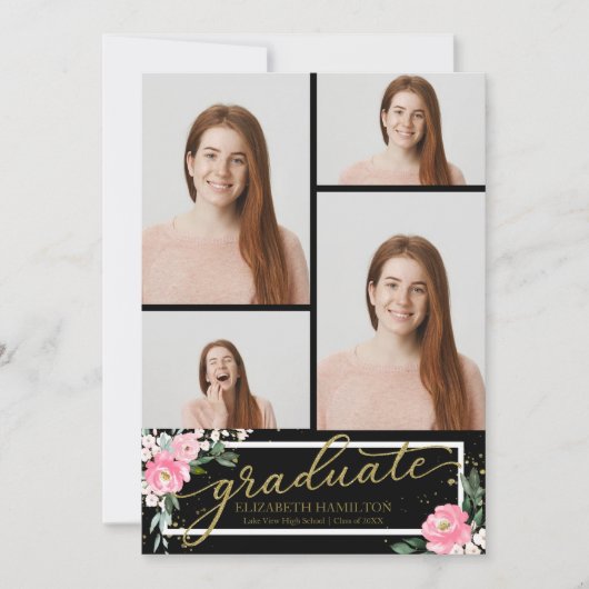 High School Afstuderen Aankondiging 4 Foto Bloemen (Voorkant)