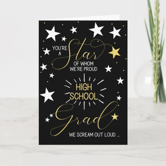 High School Afstuderen Black Gold Stars Typografie Kaart (Voorkant)