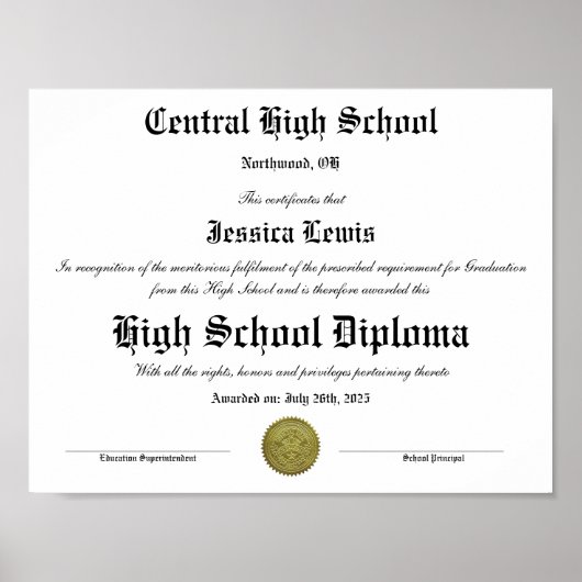 High School Graduation Graduate Diploma Poster (Voorkant)