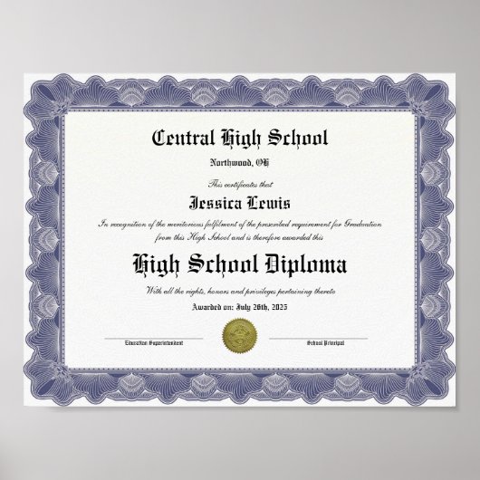 High School Keepsake Graduation Diploma  Poster (Voorkant)