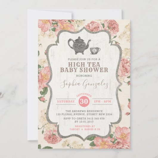  High Tea Baby shower Roze Bloemen Rustiek Kaart (Voorkant)