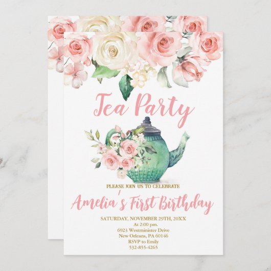 High Tea Eerste Verjaardag, Par-Tea Verjaardag Kaart (Voorkant / Achterkant)