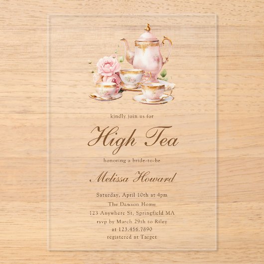 High Tea Pastel Gold Bridal Shower Acryl Uitnodigingen (Voorkant)