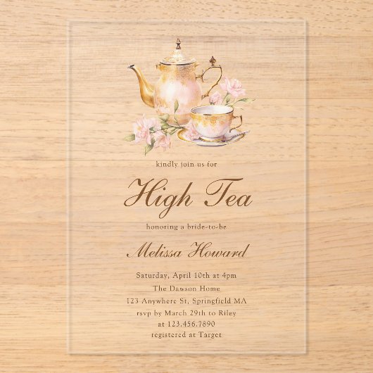 High Tea Pastel Gold Bridal Shower Acryl Uitnodigingen (Voorkant)