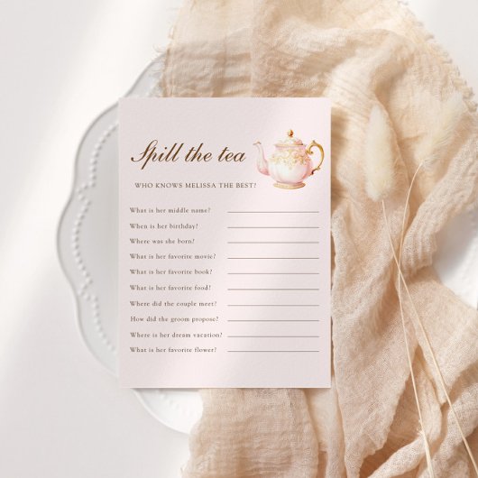 High Tea Pastel Pink Bridal Shower Party Game Informatiekaartje