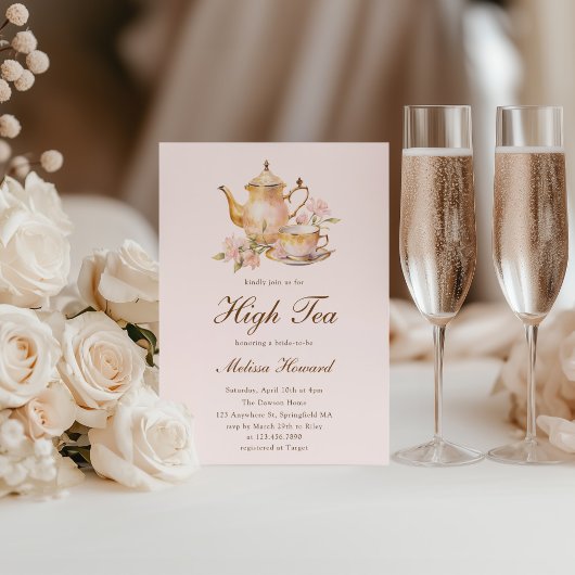 High Tea Pastel Pink Gold Bridal Shower Kaart