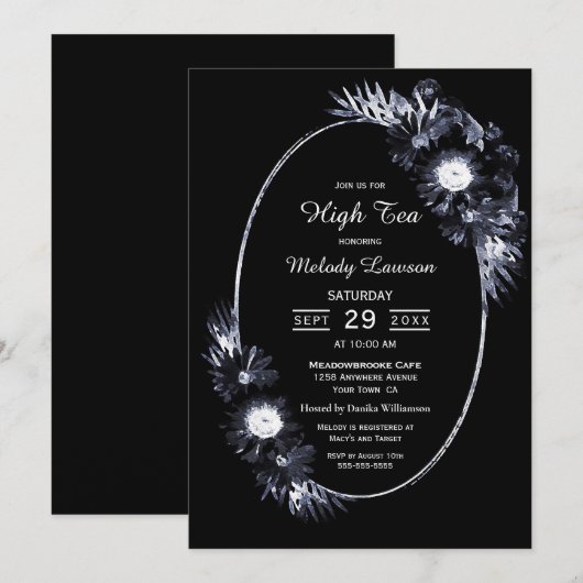 High Tea Vrijgezellenfeest Elegant Moody Black Flo Kaart (Voorkant / Achterkant)