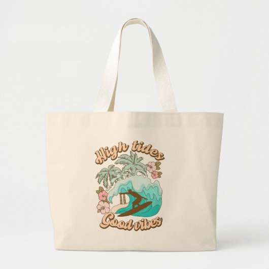 High Tides Good Vibes Beach Life Surfen Tropisch Grote Tote Bag (Voorkant)