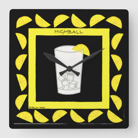 Highball Retro Drink Cocktail Yellow Lemons Black Vierkante Klok (Voorkant)