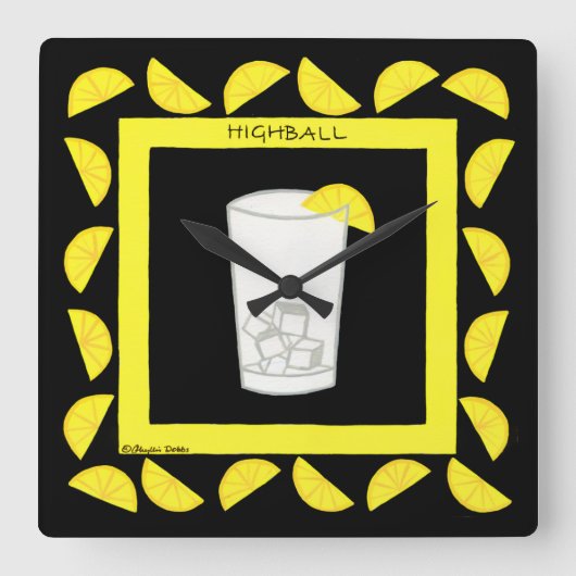 Highball Retro Drink Cocktail Yellow Lemons Black Vierkante Klok (Voorkant)