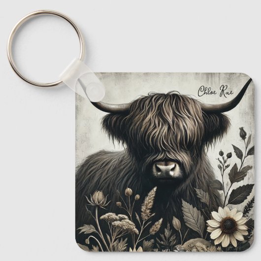 Highland Bull met zonnebloem Sleutelhanger (Voorkant)