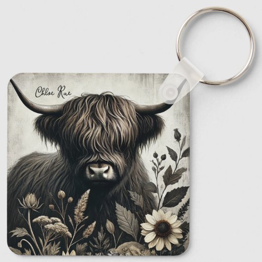 Highland Bull met zonnebloem Sleutelhanger (Achterkant)