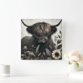 Highland Bull met zonnebloem Vierkante Klok (Huis)