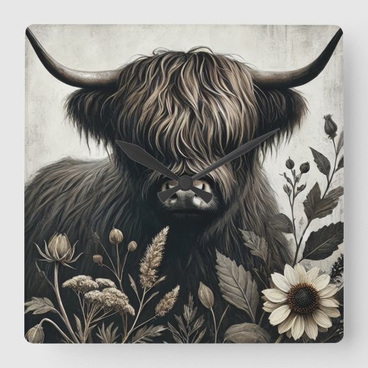 Highland Bull met zonnebloem Vierkante Klok (Voorkant)