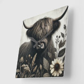 Highland Bull met zonnebloem Vierkante Klok (Hoek)