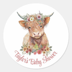 Highland Calf Floral Rustic Waterverf Cute Ronde Sticker