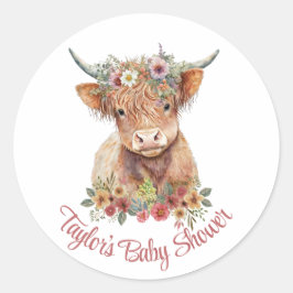 Highland Calf Floral Rustic Waterverf Cute Ronde Sticker