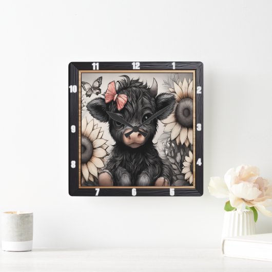 Highland Calf Zonnebloem Bow Vierkante Klok (Huis)