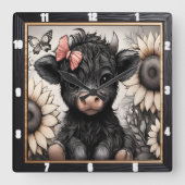 Highland Calf Zonnebloem Bow Vierkante Klok (Voorkant)
