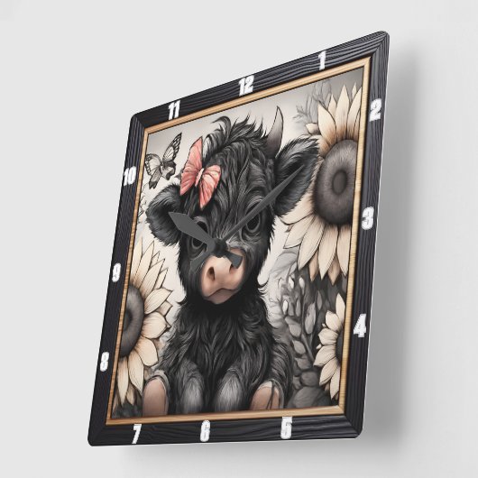 Highland Calf Zonnebloem Bow Vierkante Klok (Hoek)