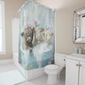 Highland Calves Blue Bubble Bath Distressed Wall Douchegordijn (In situ)