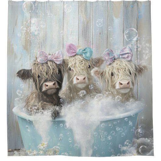 Highland Calves Blue Bubble Bath Distressed Wall Douchegordijn (Voorkant)