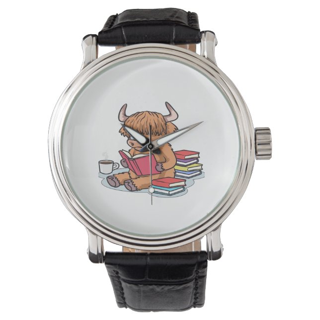 Highland Cattle Koe Lees boeken Drink Coffee Class Horloge (Voorkant)