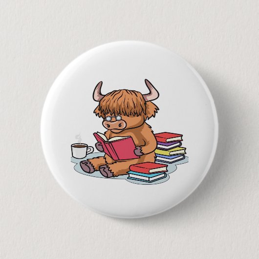 Highland Cattle Koe Lees boeken Drink Coffee Class Ronde Button 5,7 Cm (Voorkant)