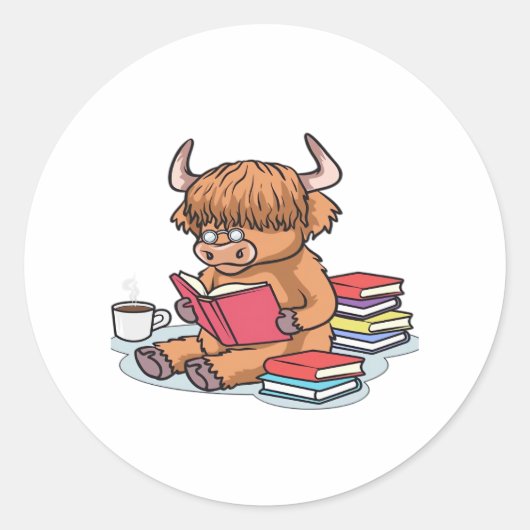 Highland Cattle Koe Lees boeken Drink Coffee Class Ronde Sticker (Voorkant)