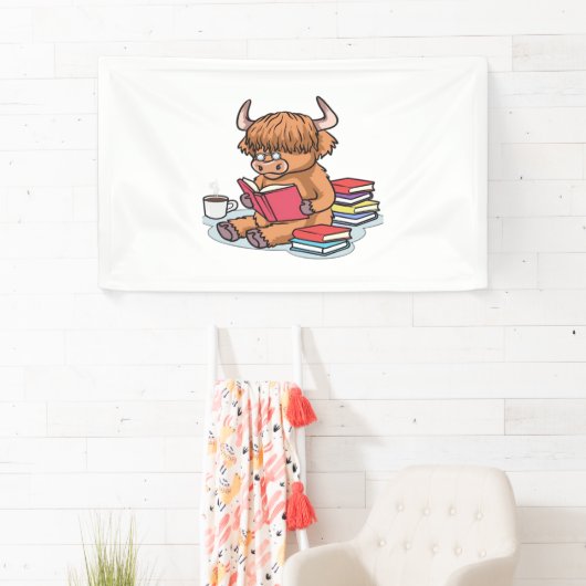 Highland Cattle Koe Lees boeken Drink Coffee Class Spandoek (Insitu)