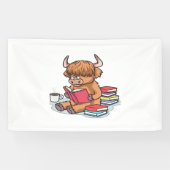 Highland Cattle Koe Lees boeken Drink Coffee Class Spandoek (Horizontaal)