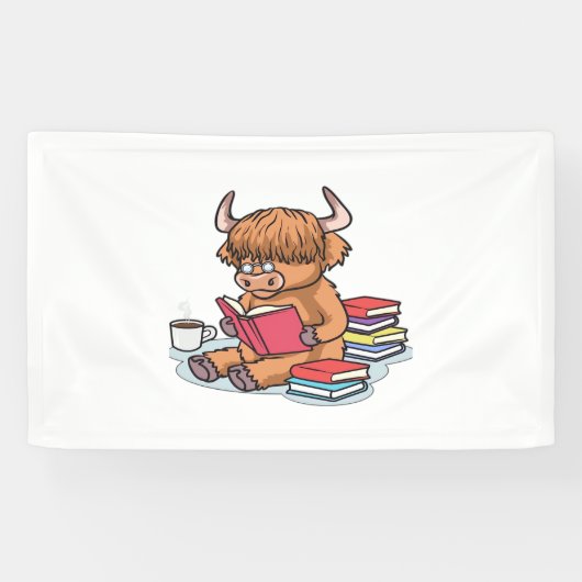 Highland Cattle Koe Lees boeken Drink Coffee Class Spandoek (Horizontaal)