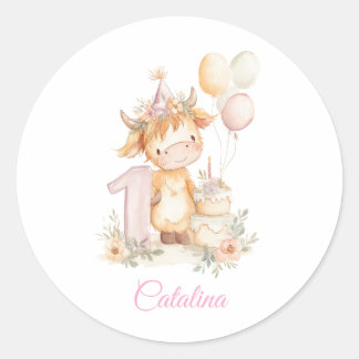 Highland Cow 1st Birthday Ronde Sticker
